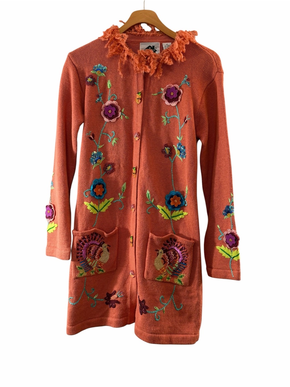 VTG Storybook Knits Orange Fall Embroidered Embellished Long Cardigan Size XS